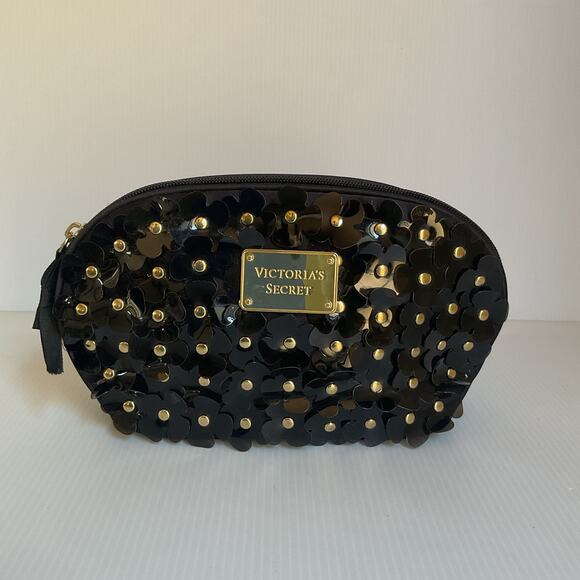 Victoria’s Secret Black Sequin Floral Cosmetic Bag Makeup Pouch - Picture 1 of 9